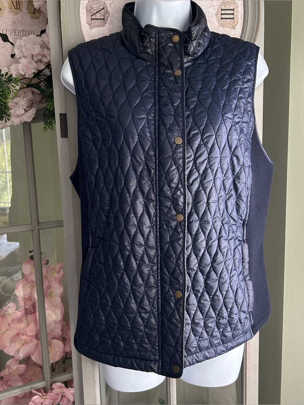 TALBOTS Diamond Quilted Vest Navy Blue Snap Full Zip Ribbed Stretch Sides Size L